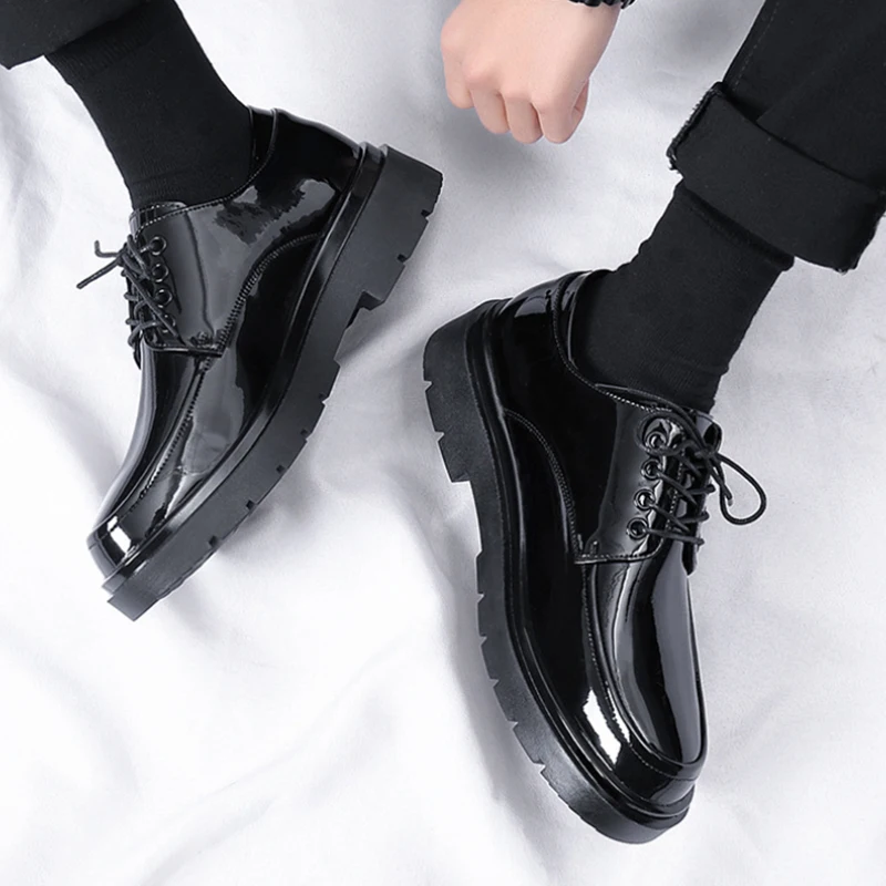 Black Patent Leather Platform Oxfords – Men's Breathable Chunky Business Formal Shoes - Image 2