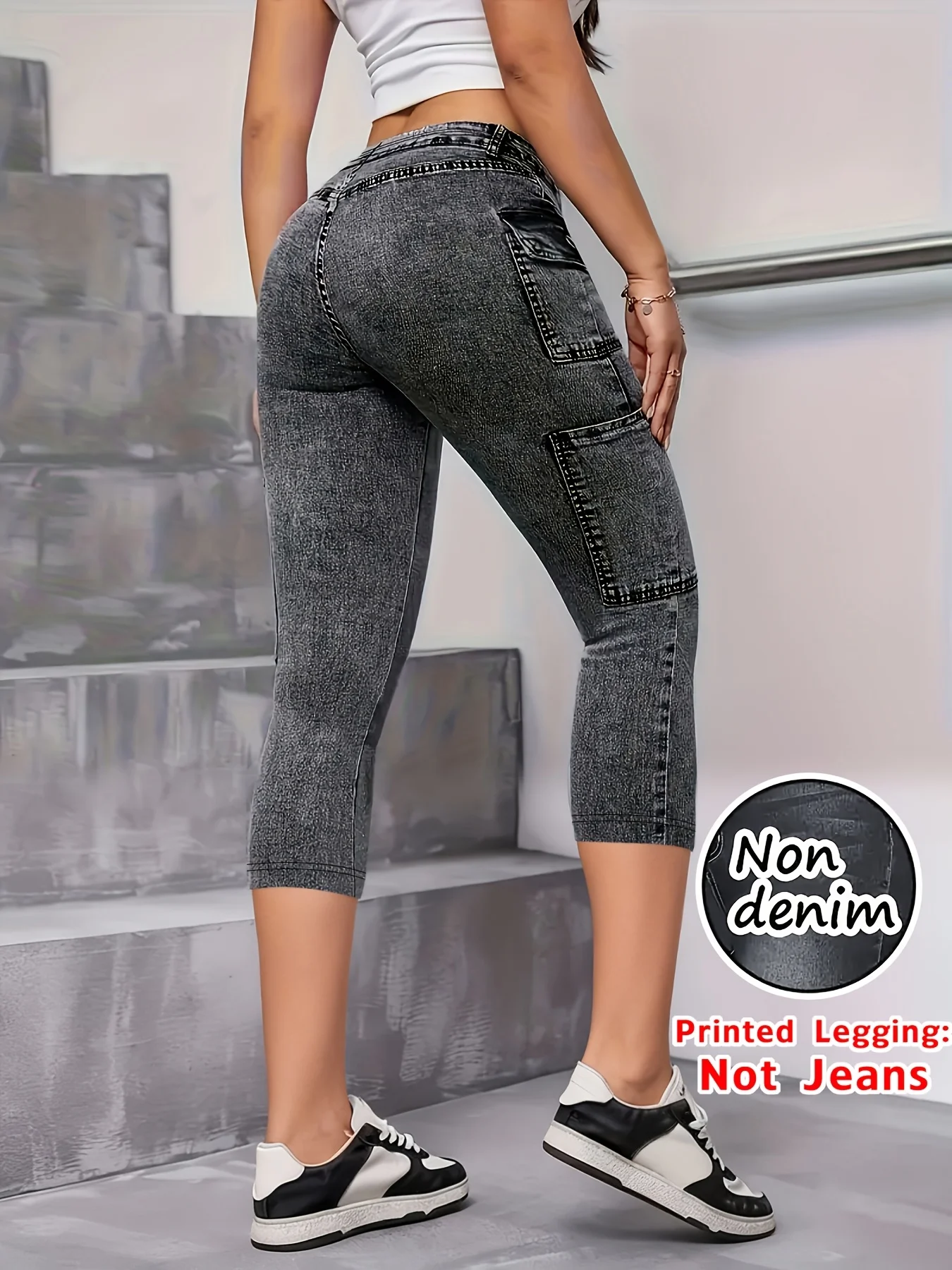 Non-Denim Women's Faux Denim Print Leggings, Casual Sports Slim Fit Capri Beach Pants - Image 3