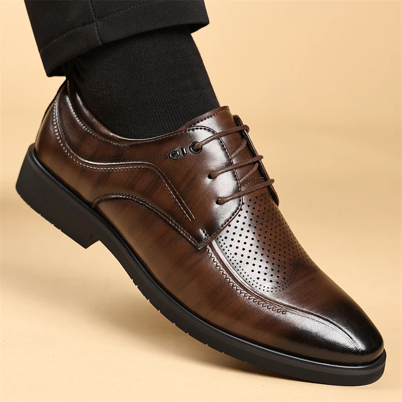 Men's Summer Breathable Leather Shoes Hollow out Comfortable Fashionable Business Formal Derby Shoes British Style-SJ2502-1 - Image 4