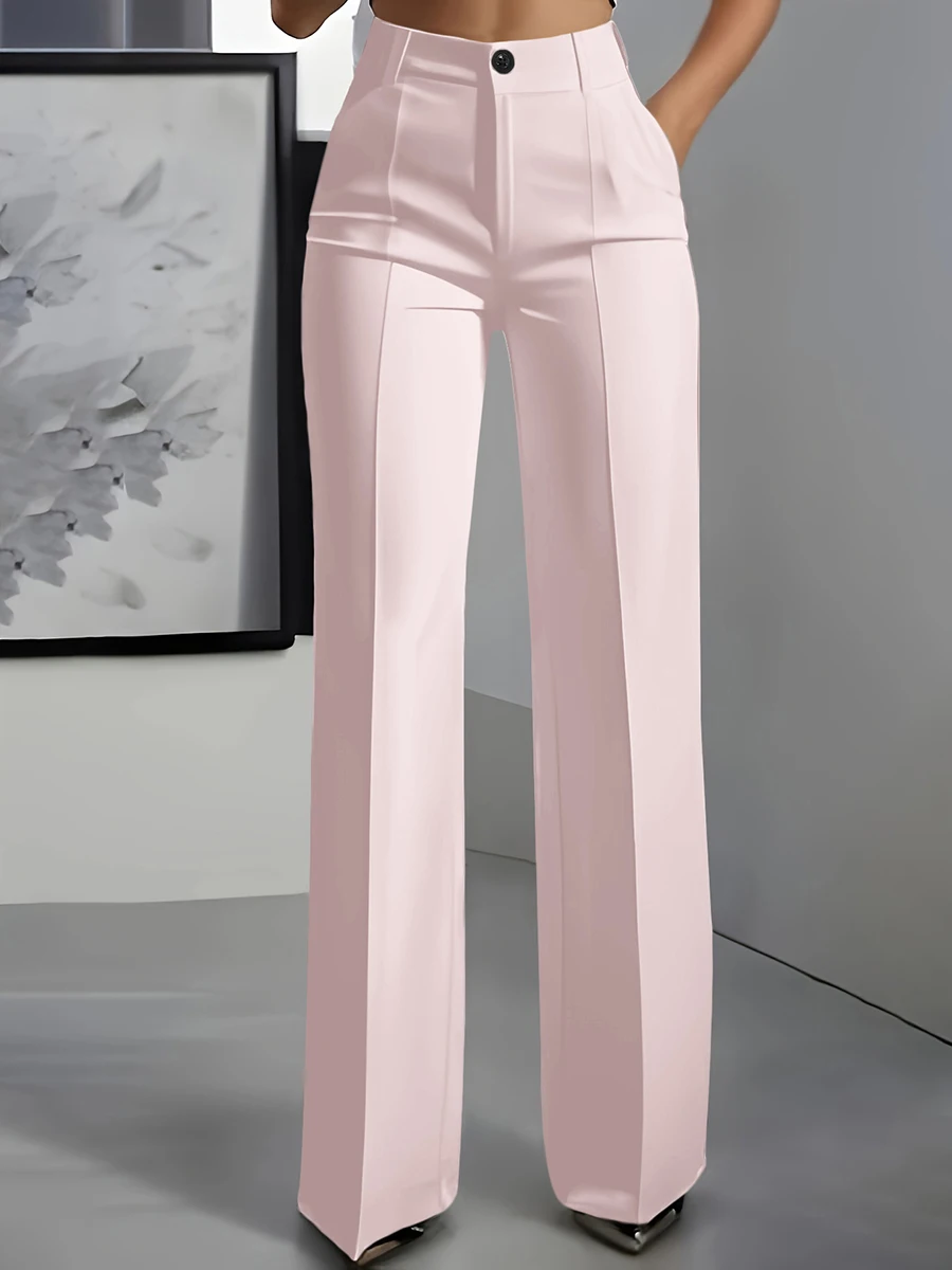 Women High Waisted Wide Leg Office Trousers, Solid Black Pleated Elegant Crease Dress Pants, Professional Full Length Trousers - Image 4