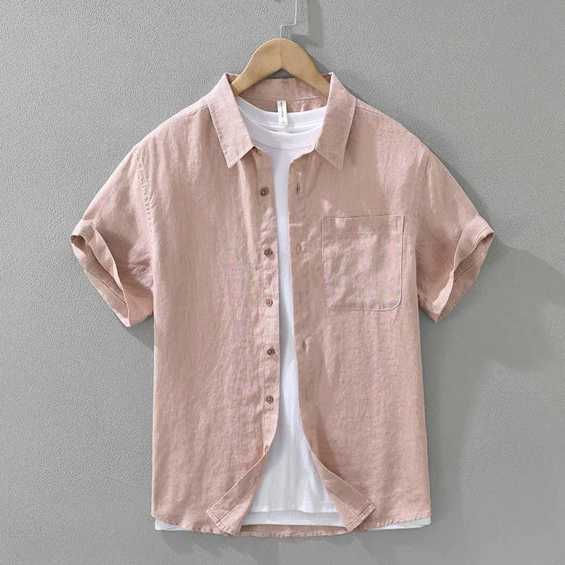 100% Linen Short Sleeve Shirt for Men Breathable Summer Casual Top Minimalist Loose Fit Button-Up Shirt Natural Wrinkle Texture - Image 7