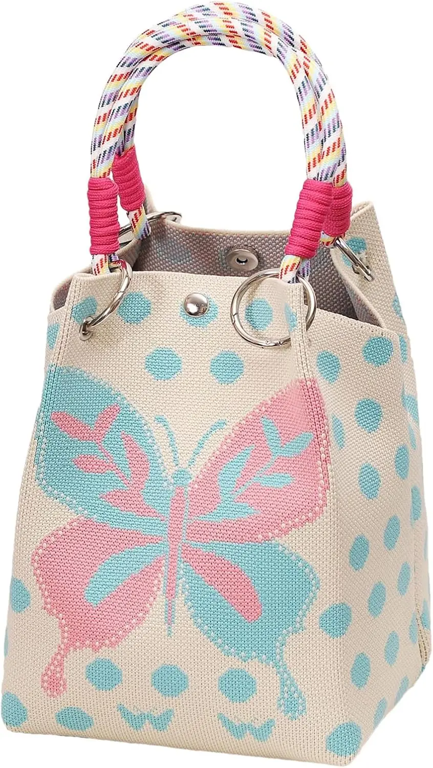 Mini Knitted Bucket Bag Women Small Handbag Geometric Colorblock Wristlet Purse With Detachable Handle - Image 8