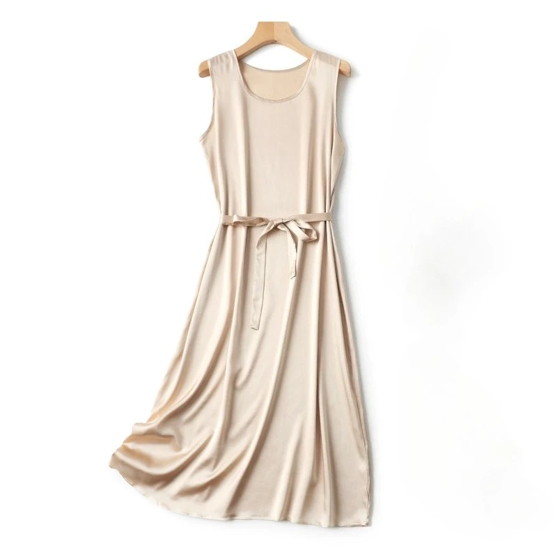 Women's Casual Clothing 93% Natural Mulberry Silk Elastic Satin Solid Color Round Neck Sleeveless Versatile Casual Loose Dress - Image 8