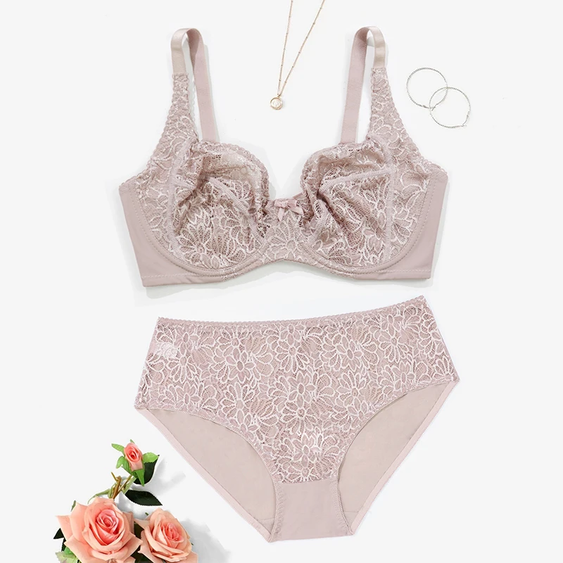 BEAUWEAR Female Big Size Lace Lingerie Set Bra with Wire Unlined Thin Breathable Bra and Panties Set 85C-110E - Image 12