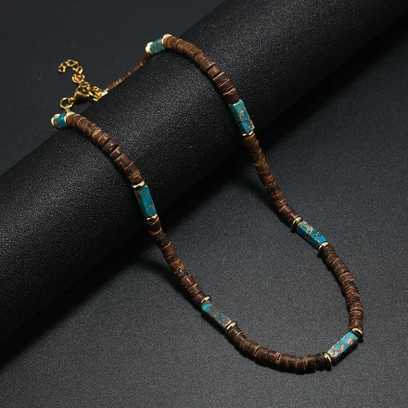 Vintage Bohemian Summer Jewelry Ethnic Style Jewelry Brown Coconut Shell Wood Beads Natural Stone Necklace Men's Jewelry - Image 5