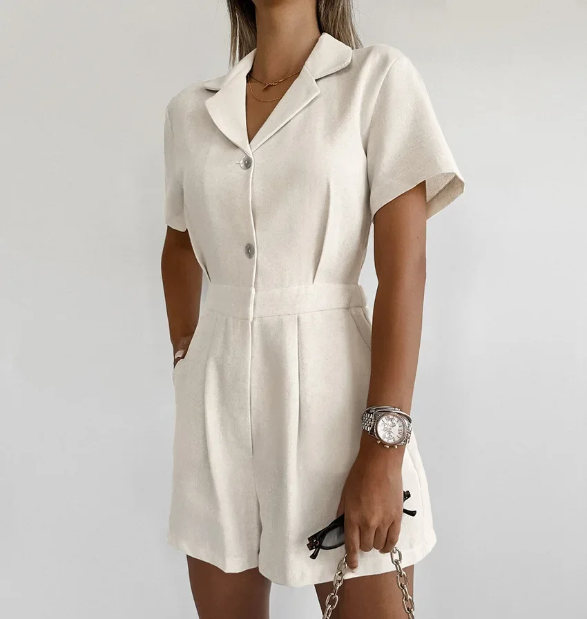 Khaki Linen Waist-cinching Wide-leg Jumpsuit for Women, Short-sleeved Commuting Jumpsuit, Autumn Women's Clothing - Image 4