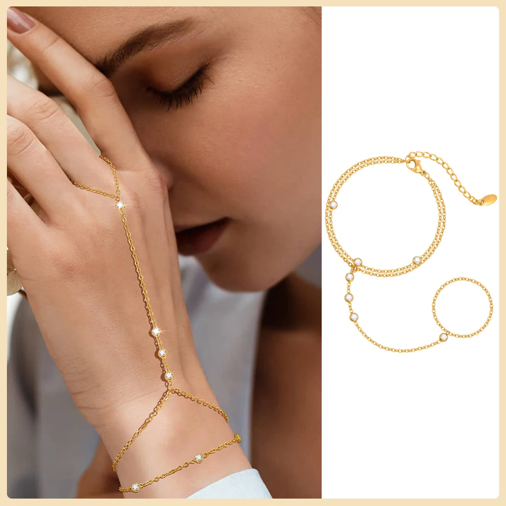 Stainless Steel Hand Chain Ring Bracelet for Women, Adjustable Gold Plated Double Layer Finger Bracelets Summer Party Jewelry - Image 8