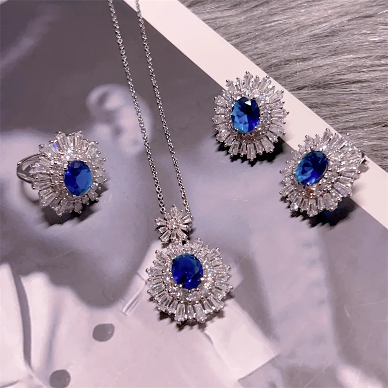 High-quality fashion Blue jewelry sets silver 925 full diamonds luxuriy elegant flower sapphire earrings for women necklace ring - Image 2