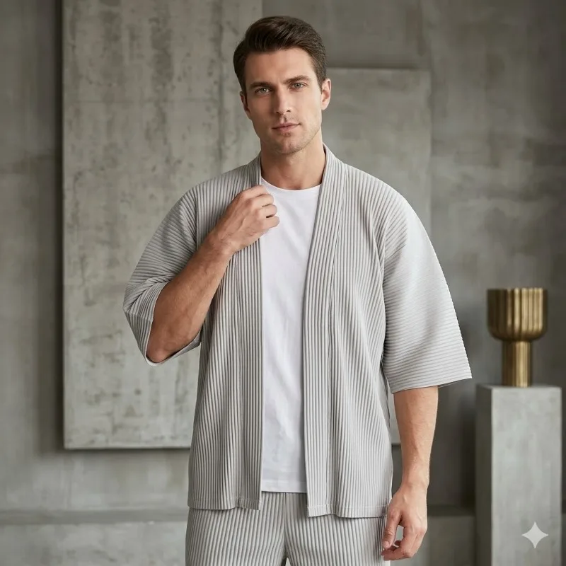 Miyake Pleated Short Sleeve Jacket Plisse Men's Taoist Robe 2026 Spring Autumn New Season Loose Plus Size Fold Coat Personality