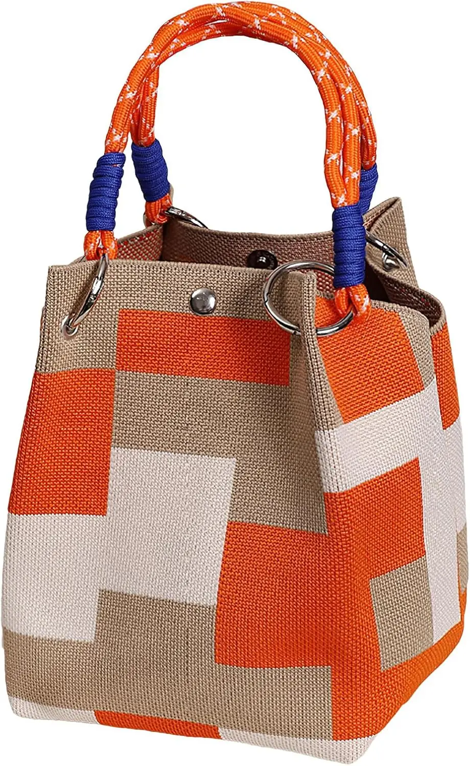 Mini Knitted Bucket Bag Women Small Handbag Geometric Colorblock Wristlet Purse With Detachable Handle - Image 9