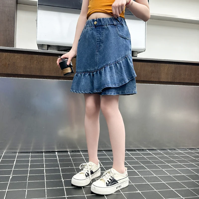 Girls Ruffled Skirt Summer Thin Pants Simple Denim Skirt for Big Children Personality Wear for Ages 5-14 - Image 7
