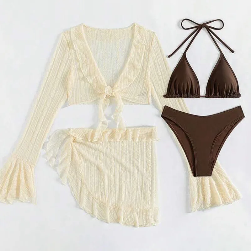 2026 Sexy Four-Piece Women's Swimsuit Set – Long-Sleeve Cover-Up, Brazilian Bikini & Beachwear - Image 5