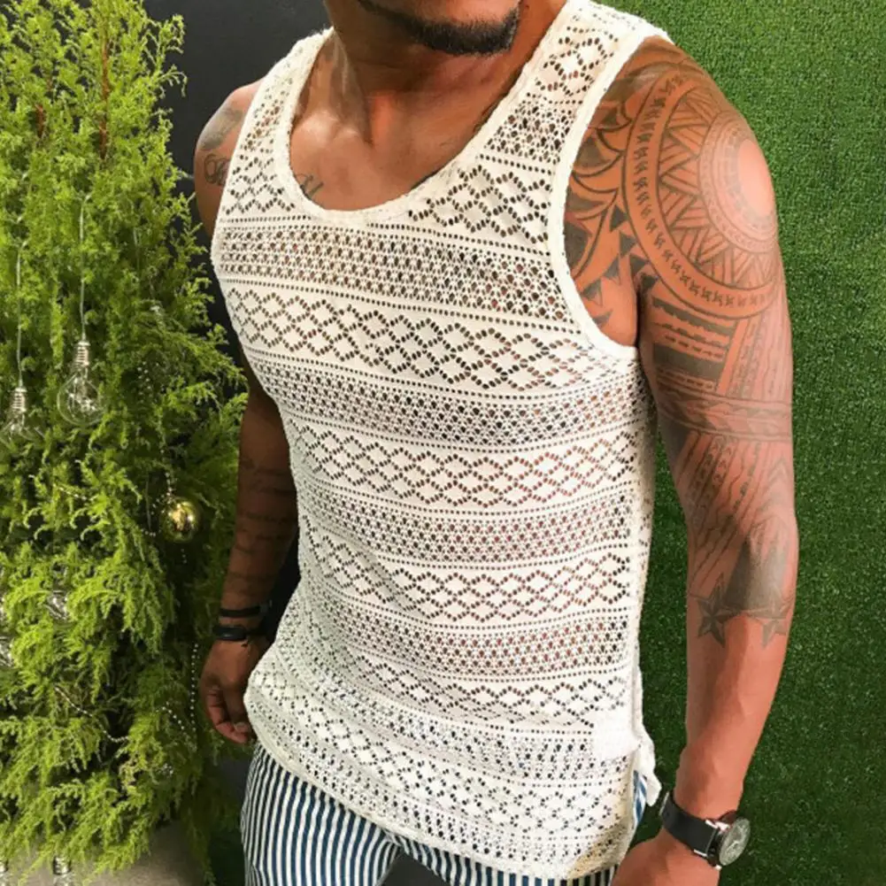Tank Top for Men Lace Hollow Out Sleeveless Shirts Summer Mens Clothing Slim Fit Gym Clothes Workout Solid Color Vest Tops 2022 - Image 4