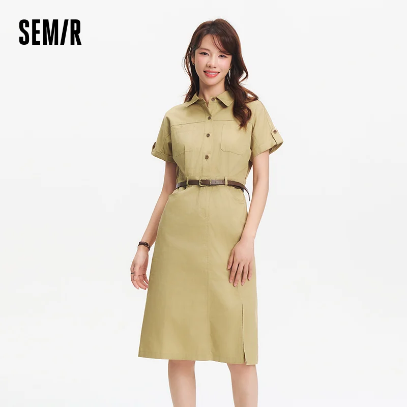 Semir Women Dress Shirt Collar Cotton Slit Midi Belt Slim Vintage Urban Workwear 2026 Summer Fashion Office Top - Image 2
