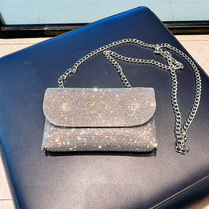 Women's Clutch Bag with Rhinestones Silver Purse on Chain PU Leather Evening Bag Ladies Fashion Party Evening Shoulder Bag
