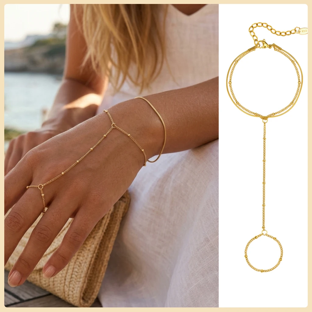 Stainless Steel Hand Chain Ring Bracelet for Women, Adjustable Gold Plated Double Layer Finger Bracelets Summer Party Jewelry - Image 10