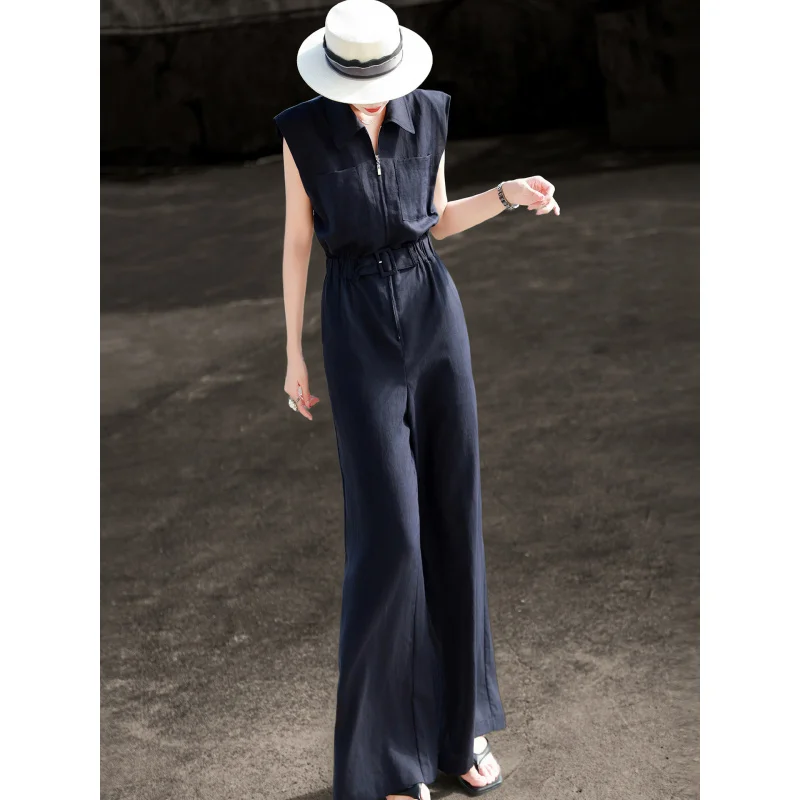 MEXCOCO 2026 Summer New Elegant Commuter Jumpsuit, Women Tencel Tie Waist Slim Wide Leg High End Romper - Image 3