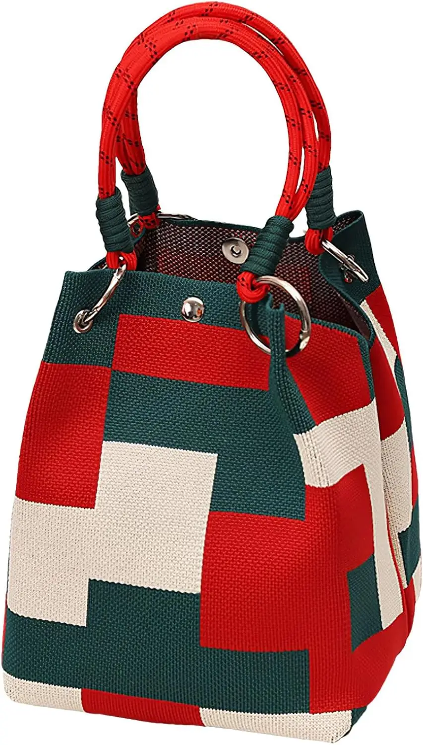 Mini Knitted Bucket Bag Women Small Handbag Geometric Colorblock Wristlet Purse With Detachable Handle - Image 10