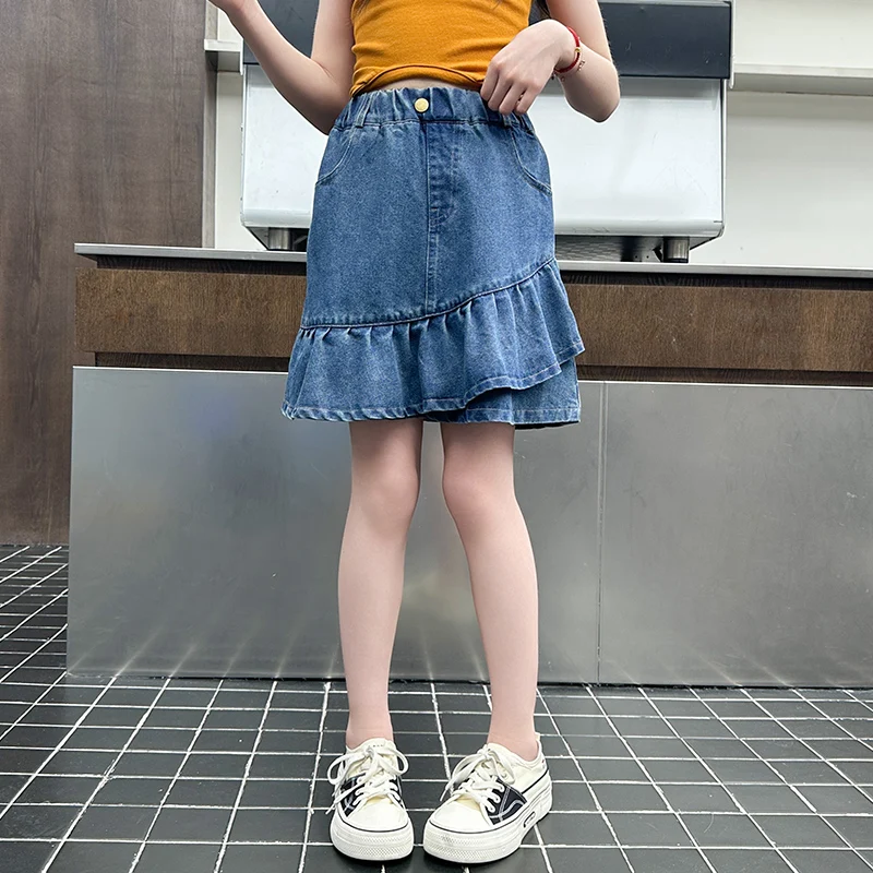 Girls Ruffled Skirt Summer Thin Pants Simple Denim Skirt for Big Children Personality Wear for Ages 5-14 - Image 5