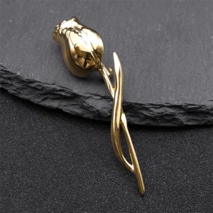 Gold Rose Flower Brooch Pin – Stainless Steel Fashion Lapel Pin for Men & Women