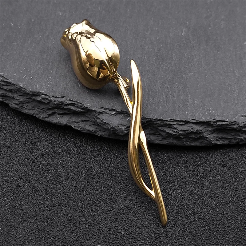 Gold Rose Flower Brooch Pin – Stainless Steel Fashion Lapel Pin for Men & Women