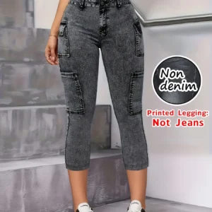 Non-Denim Women's Faux Denim Print Leggings, Casual Sports Slim Fit Capri Beach Pants