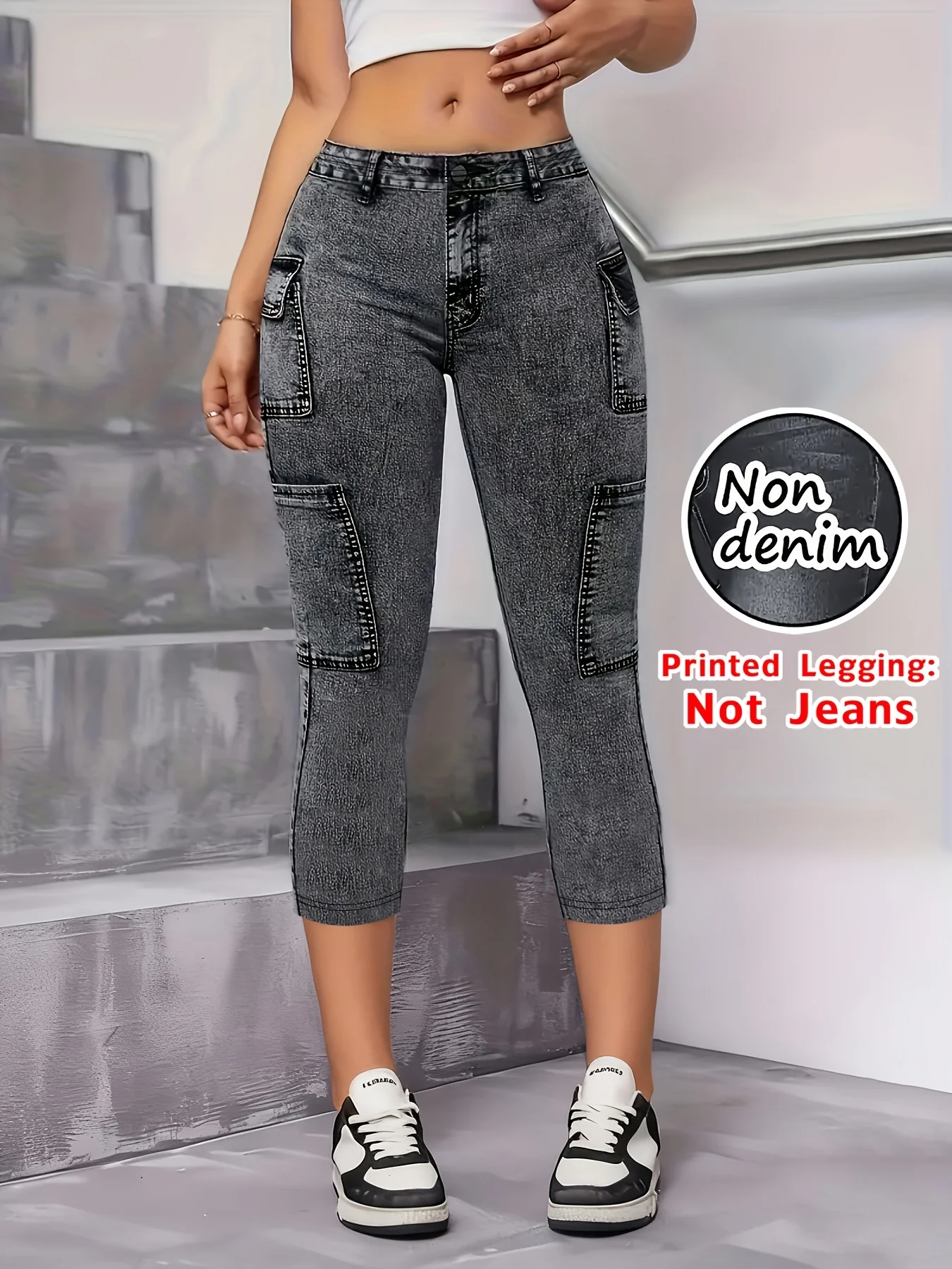 Non-Denim Women's Faux Denim Print Leggings, Casual Sports Slim Fit Capri Beach Pants