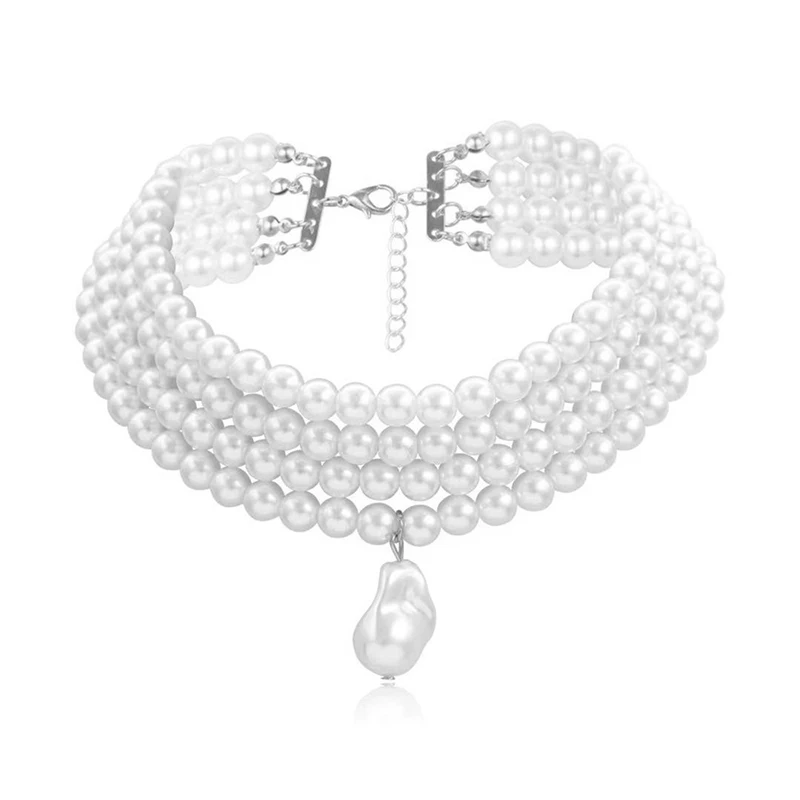 Classic Layered Strand Round Pearls Beads Collar Choker Necklace For Women Irregular Baroque Pearl Pendant Wedding Necklace Gift - Image 7