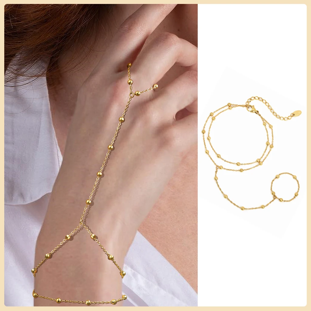 Stainless Steel Hand Chain Ring Bracelet for Women, Adjustable Gold Plated Double Layer Finger Bracelets Summer Party Jewelry - Image 9
