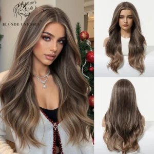 Blonde Unicorn Brown Ombre Middle Part Long Wavy Synthetic Wig for Women Heat Resistant Gradual Blended Color Hair for Daily