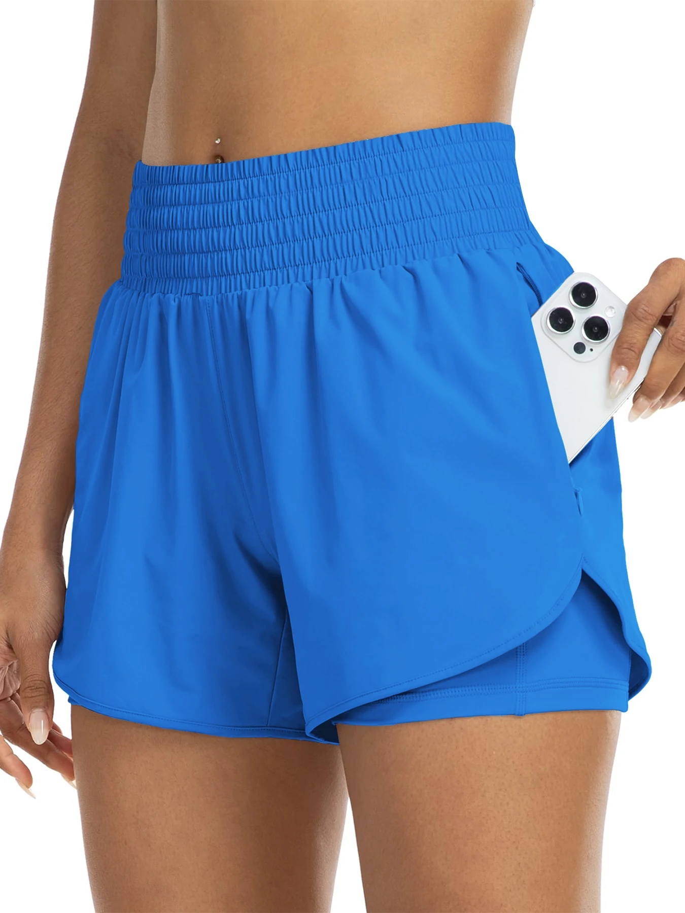 Women's high-waisted athletic shorts for running, yoga, layered design, anti-exposure, fitness, and workout with pockets - Image 9