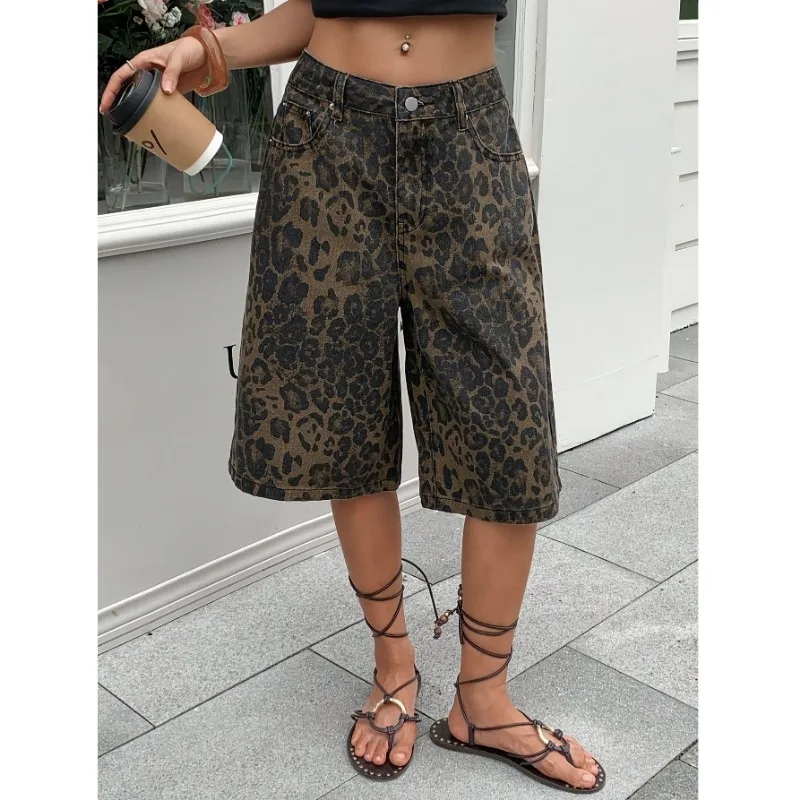 plus Size Unisex Leopard Print Casual Mid-Rise Jeans Fashionable Versatile Simple Match Water Washed Denim Trousers - Image 2