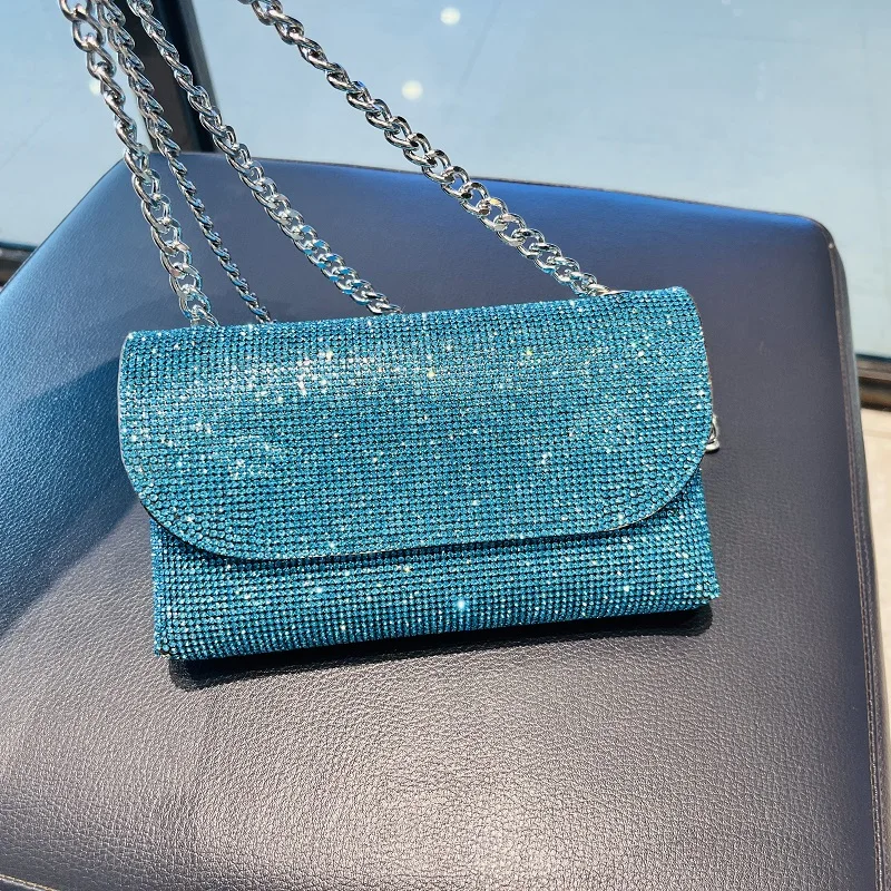 Women's Clutch Bag with Rhinestones Silver Purse on Chain PU Leather Evening Bag Ladies Fashion Party Evening Shoulder Bag - Image 4