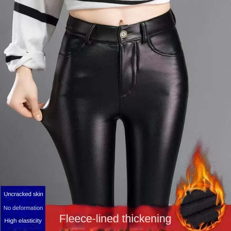 PU Leather Pants for Women Leggings Pencil Pants with Thermal Lining Female High-Waisted Stretchy Slim Fit Autumn Winter Black - Image 3