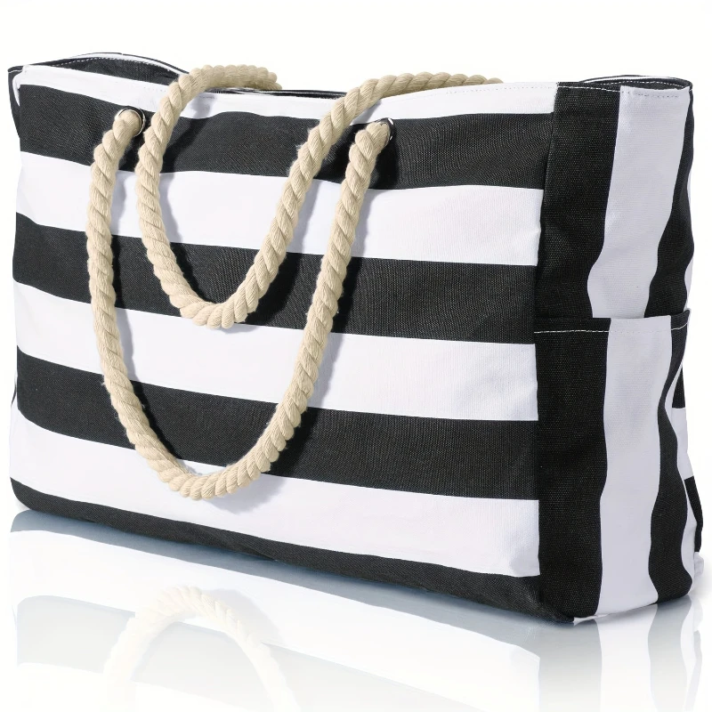 Fashion Striped Beach Tote Bag, Waterproof and Sand-Proof Foldable Beach Bag, Large-Capacity Portable Storage Bag, Shoulder Bag - Image 2