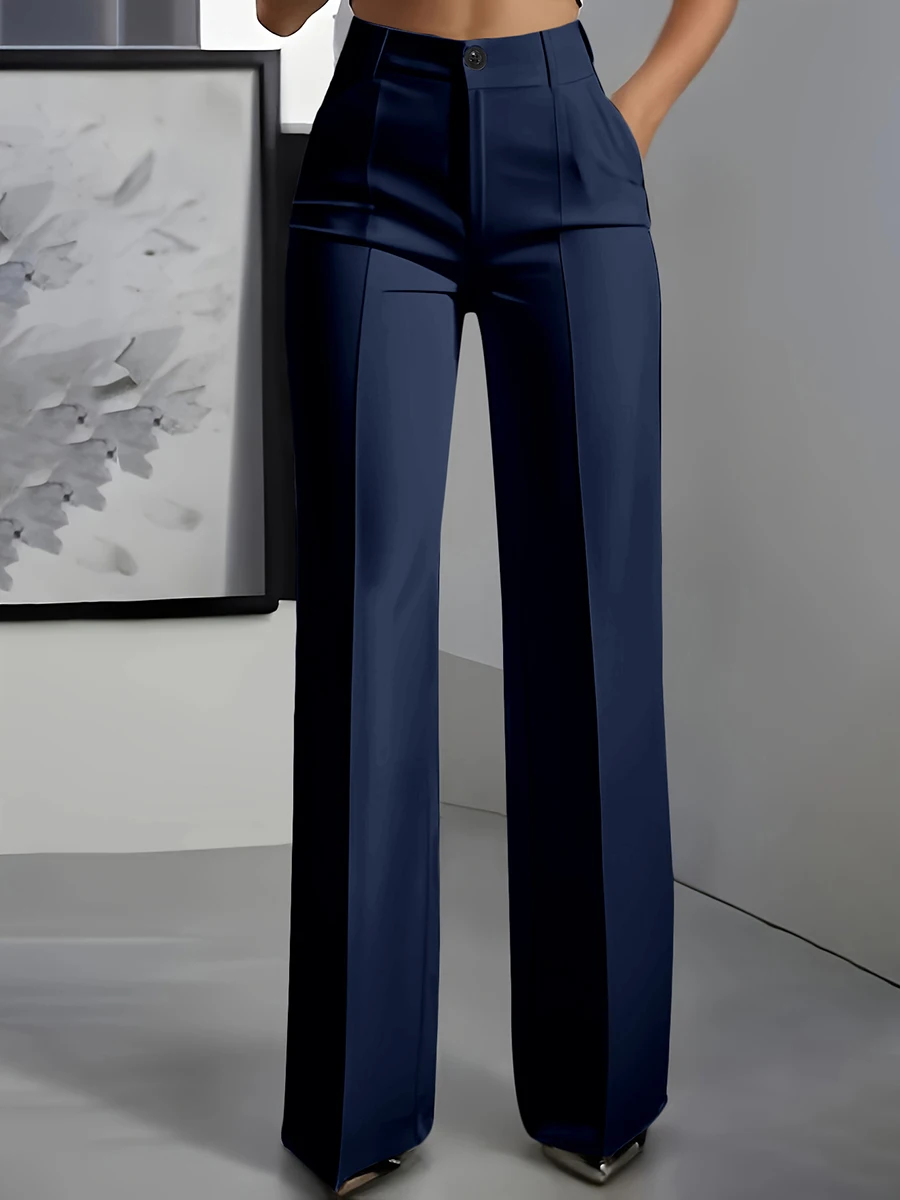 Women High Waisted Wide Leg Office Trousers, Solid Black Pleated Elegant Crease Dress Pants, Professional Full Length Trousers - Image 3