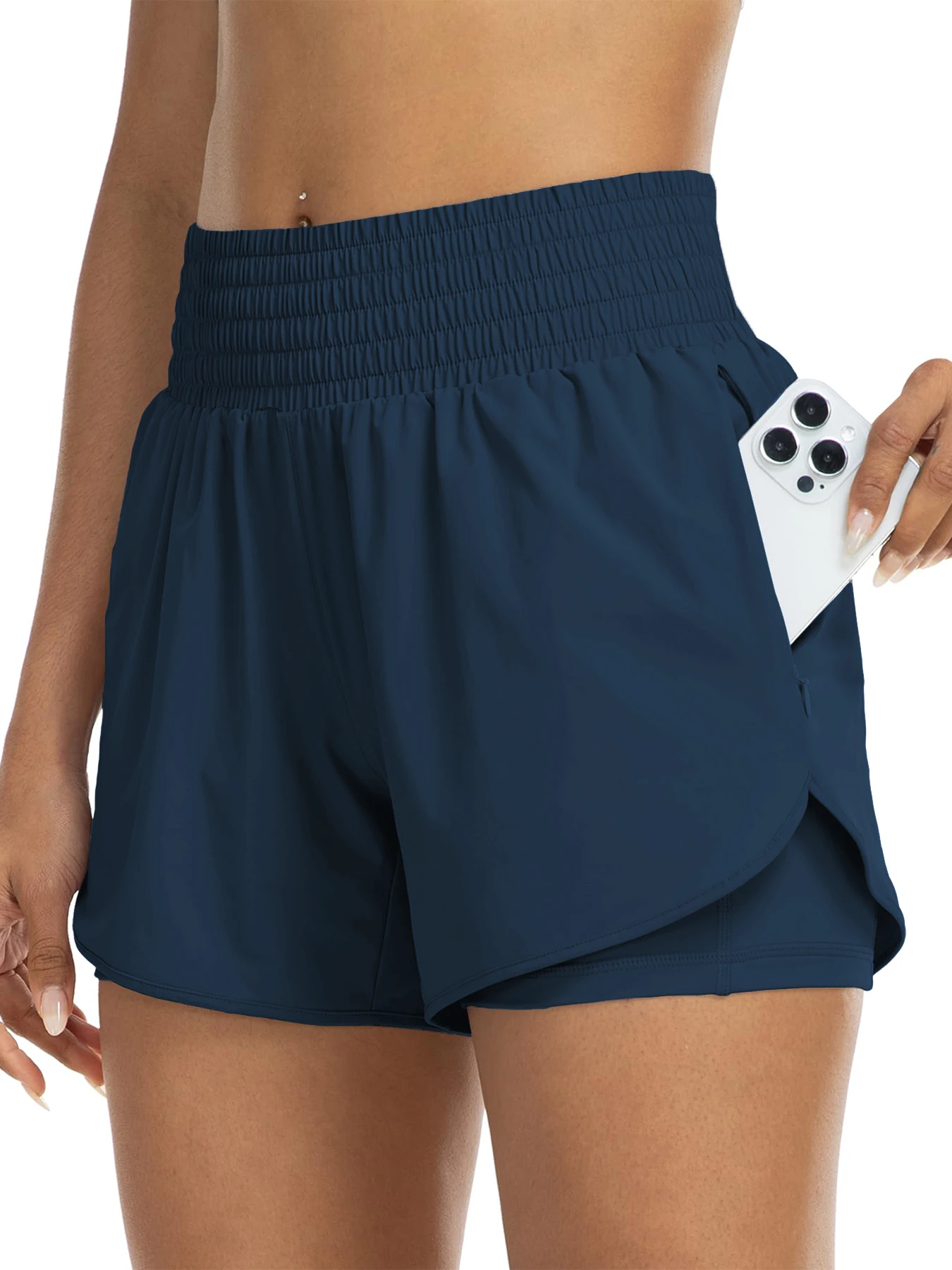 Women's high-waisted athletic shorts for running, yoga, layered design, anti-exposure, fitness, and workout with pockets - Image 13