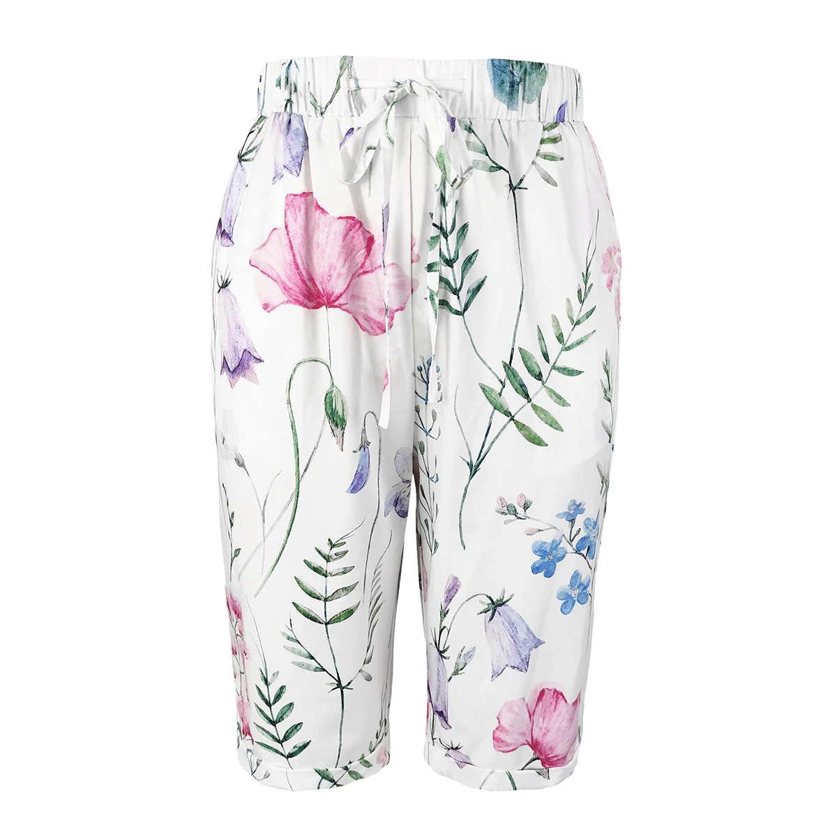Women Summer Floral Print Shorts Casual Loose Drawstring Elastic Waist Wide Leg Half Pants Capris - Image 8