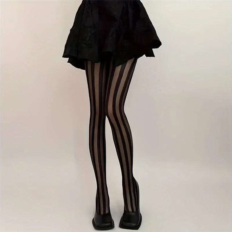 Women's Vintage Sexy Sheer Wide Vertical Stripe Pantyhose Tights Retro Classic Hosiery - Image 4