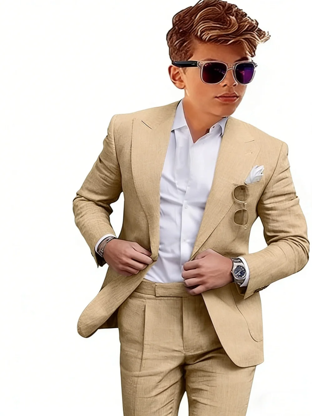 Summer Linen Boys Suits 2 Pieces Jacket Pants Wedding Ring Bearer Outfit Handsome Peak Lapel Kids Suit Set Birthday Party Outfit - Image 4
