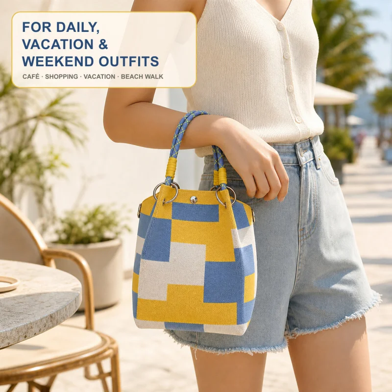 Mini Knitted Bucket Bag Women Small Handbag Geometric Colorblock Wristlet Purse With Detachable Handle - Image 5