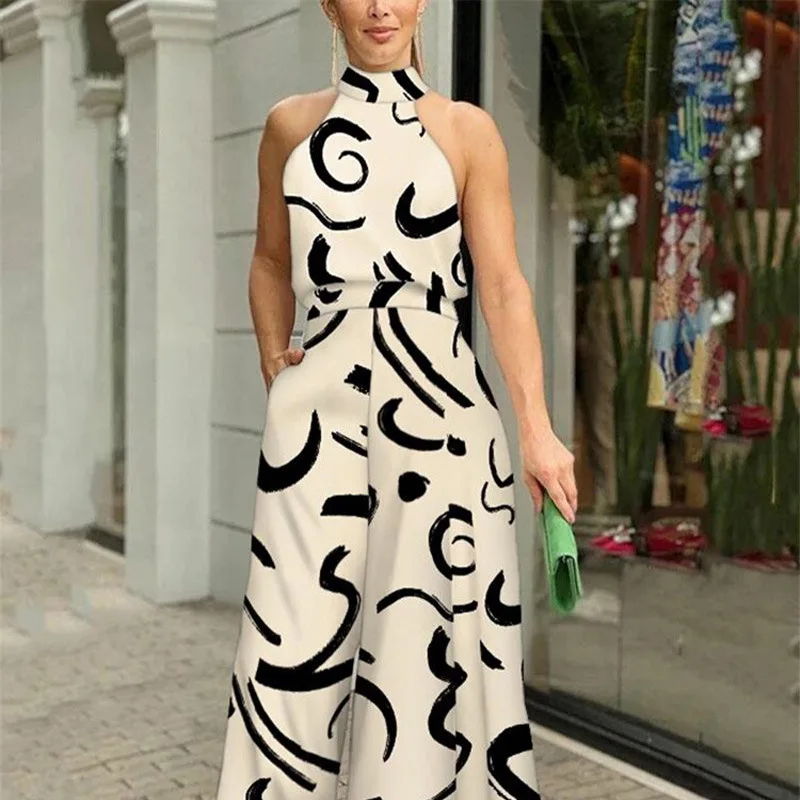 Summer Women's Elegant Waist Halter Jumpsuit Tie Sleeveless Wide Leg Long Pant Bodycon Abstract Print Streetwear Romper Mujer - Image 2