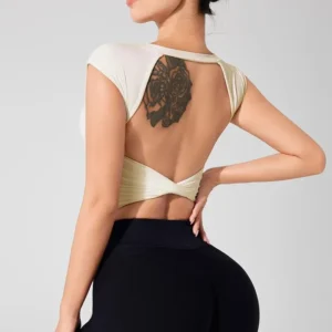 Women's Backless Fitness Clothes with Fixed Chest Pad Beautiful Top Short Sleeve Dance Sport T-Shirt Yoga Wear