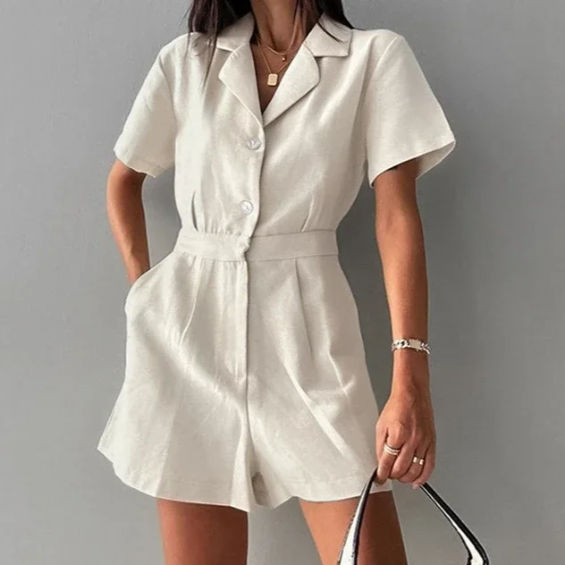 Khaki Linen Waist-cinching Wide-leg Jumpsuit for Women, Short-sleeved Commuting Jumpsuit, Autumn Women's Clothing - Image 2