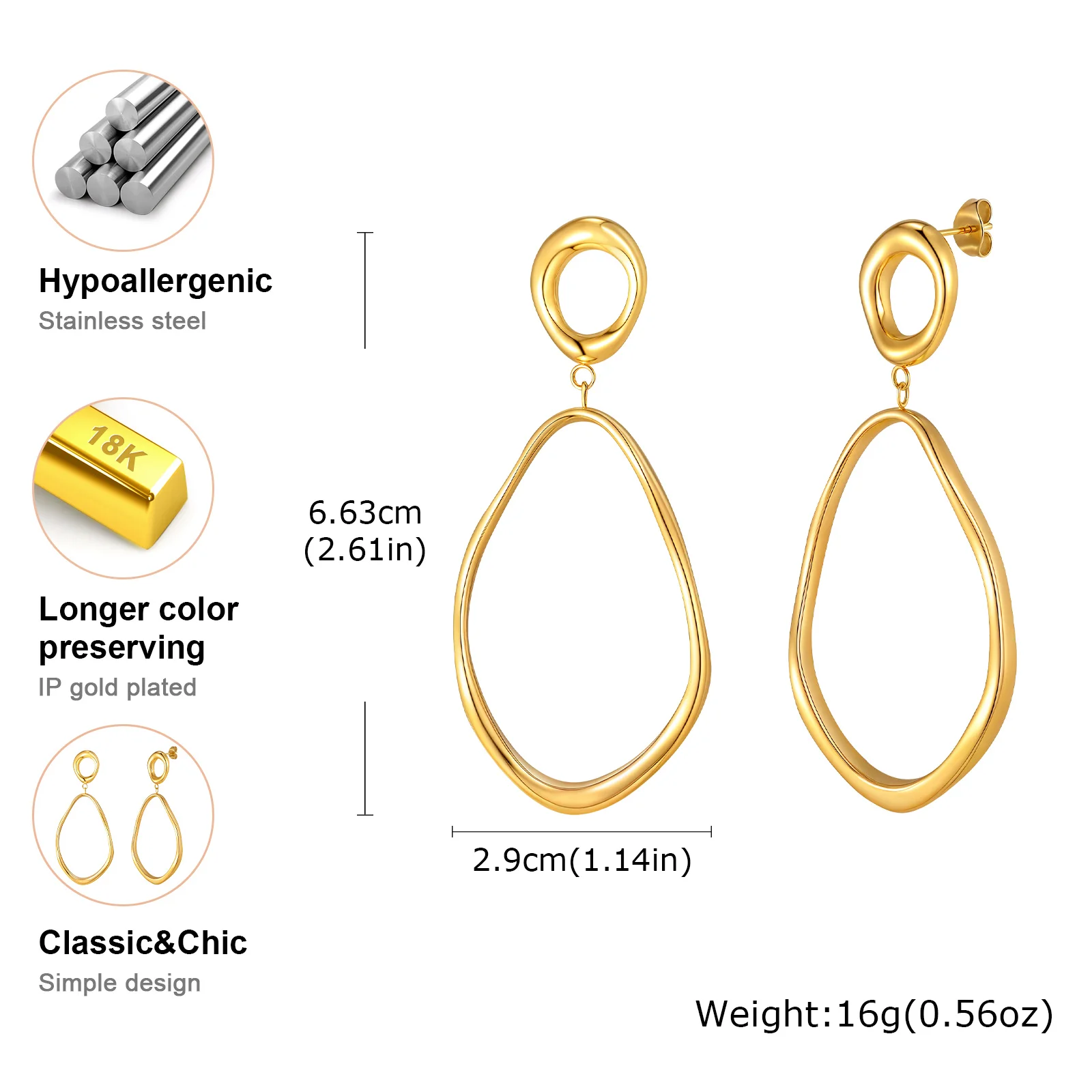 Geometric Irregular Lines Oval Drop Earrings, Minimalist Stainless Steel 18K Gold Plated Earrings,Trendy Party Jewelry for Women - Image 5
