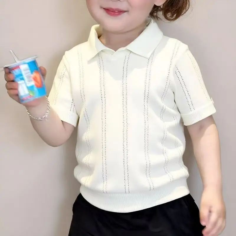 Summer Simple Hollow DesignPoloIce silk knitted shirt for boys and girls, stylish, breathable, versatile air conditioning shirtt - Image 7