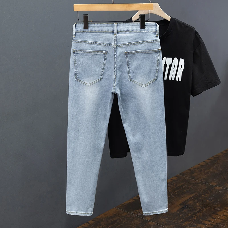 New Men's Little Feet Skinny Jeans Light Blue Spring Summer Thin Elastic Denim Pants Classic Korean Washed Cowboy Trousers - Image 2