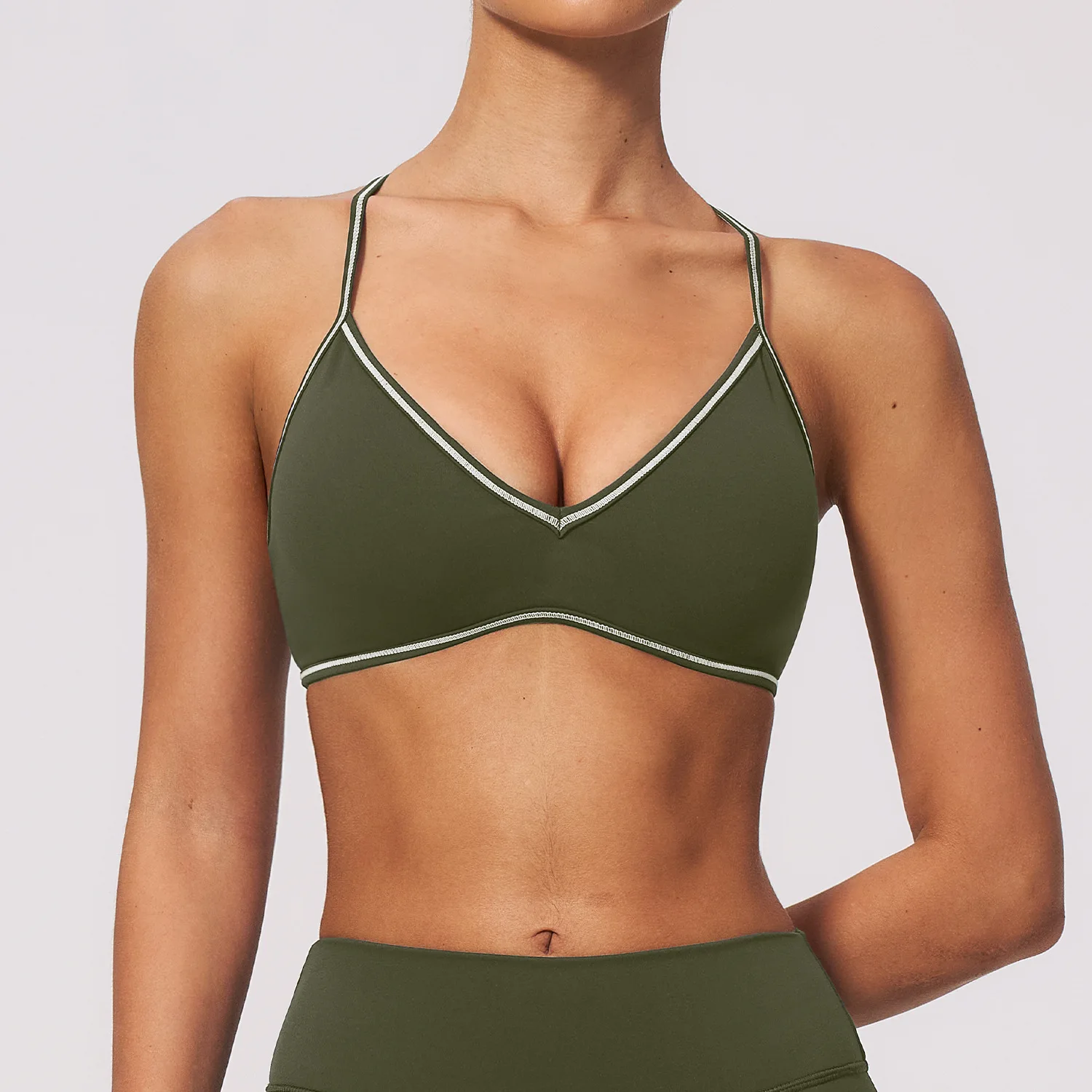 Women Deep V Neck Sports Bra with Contrast Piping Y Back Racerback Padded Gym Workout Yoga Bras Female Activewear Push Up Top - Image 4