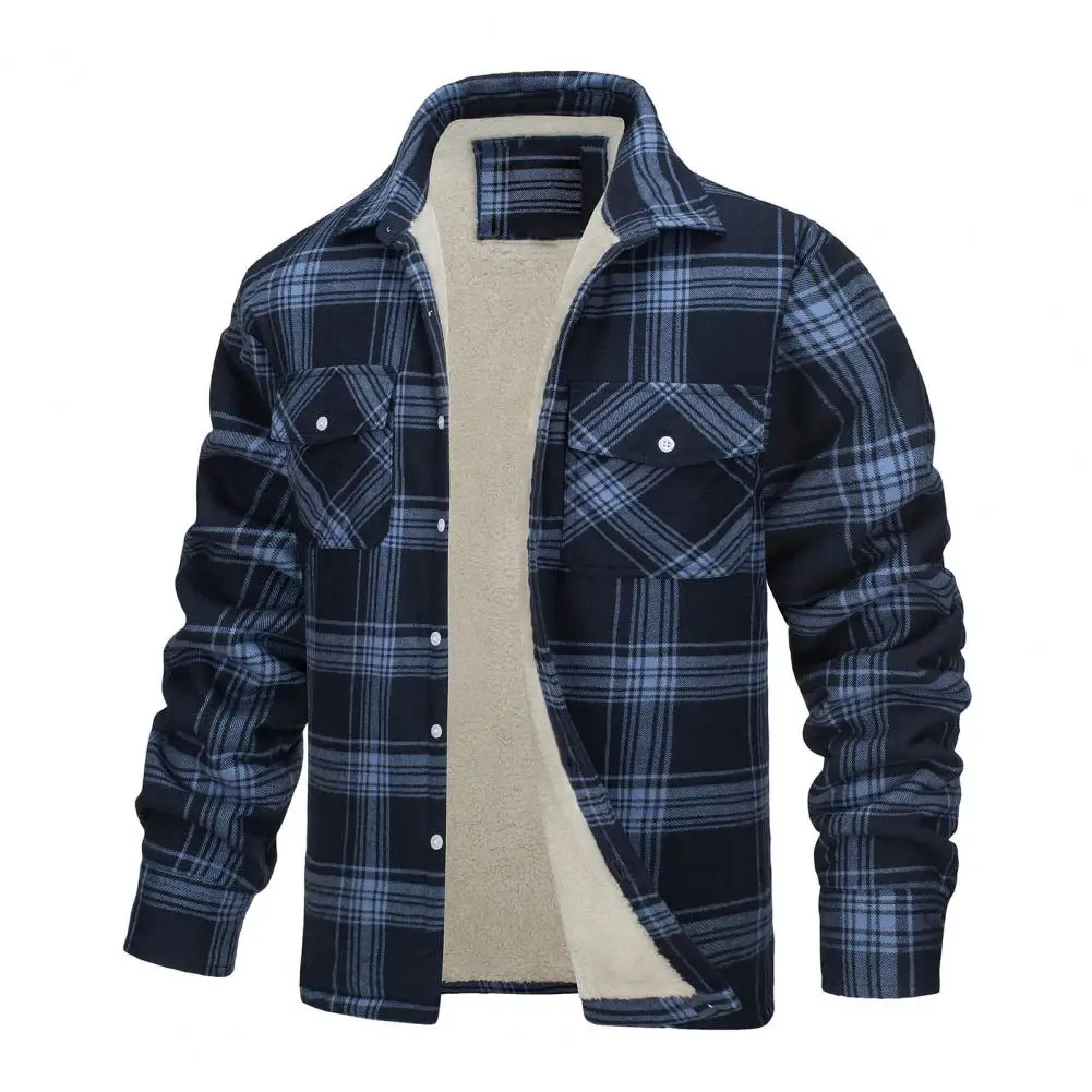 Men Fall Winter Jacket Plaid Print Lapel Soft Plush Long Sleeve Single-breasted Loose Thickened Casual Mid Length Men Coat - Image 2