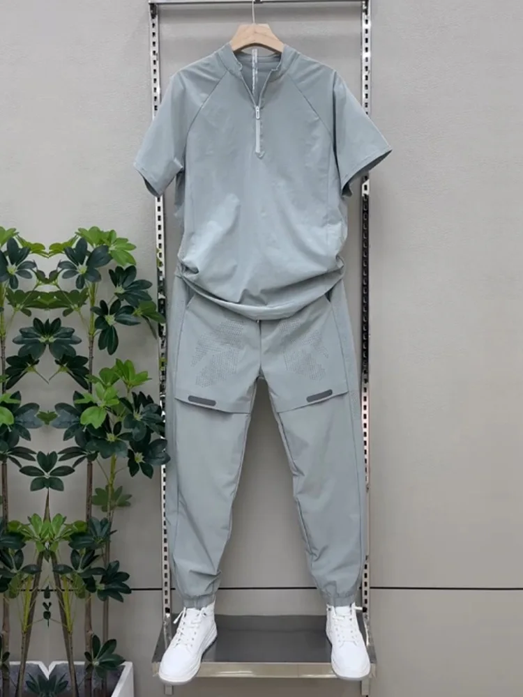 2025 Summer Breathable ice Silk Casual Sportswear Set, fashionable zipper quick-drying casual long pants and short-sleeved 2pcs - Image 2